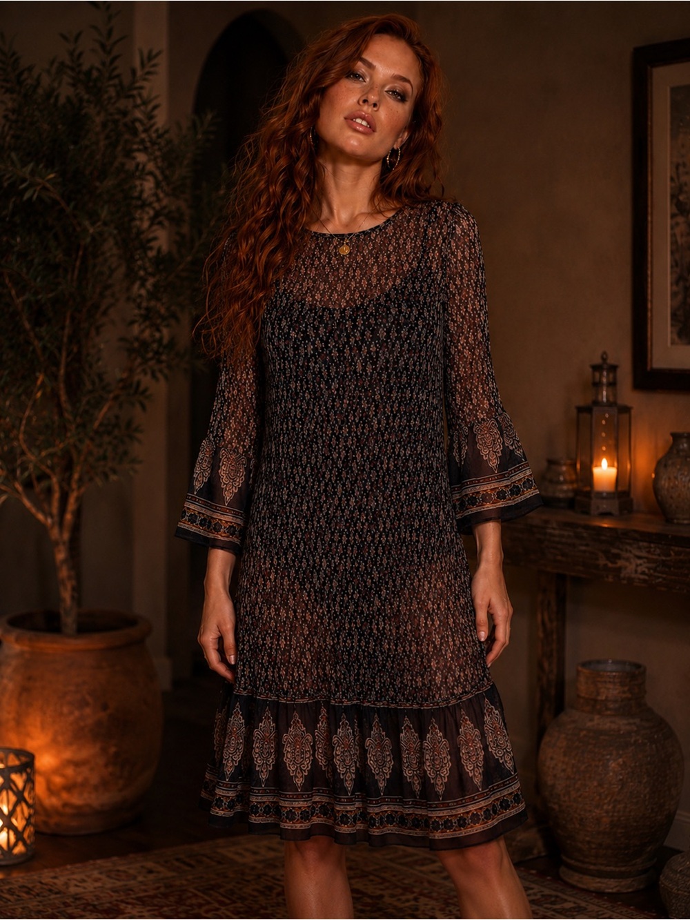 MSK Black and Brown Printed Sheer Overlay Long Sleeve Dress